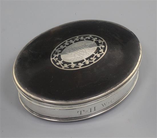 A late 18th / early 19th century white metal tortoiseshell and silver piqué snuff box, 4in.